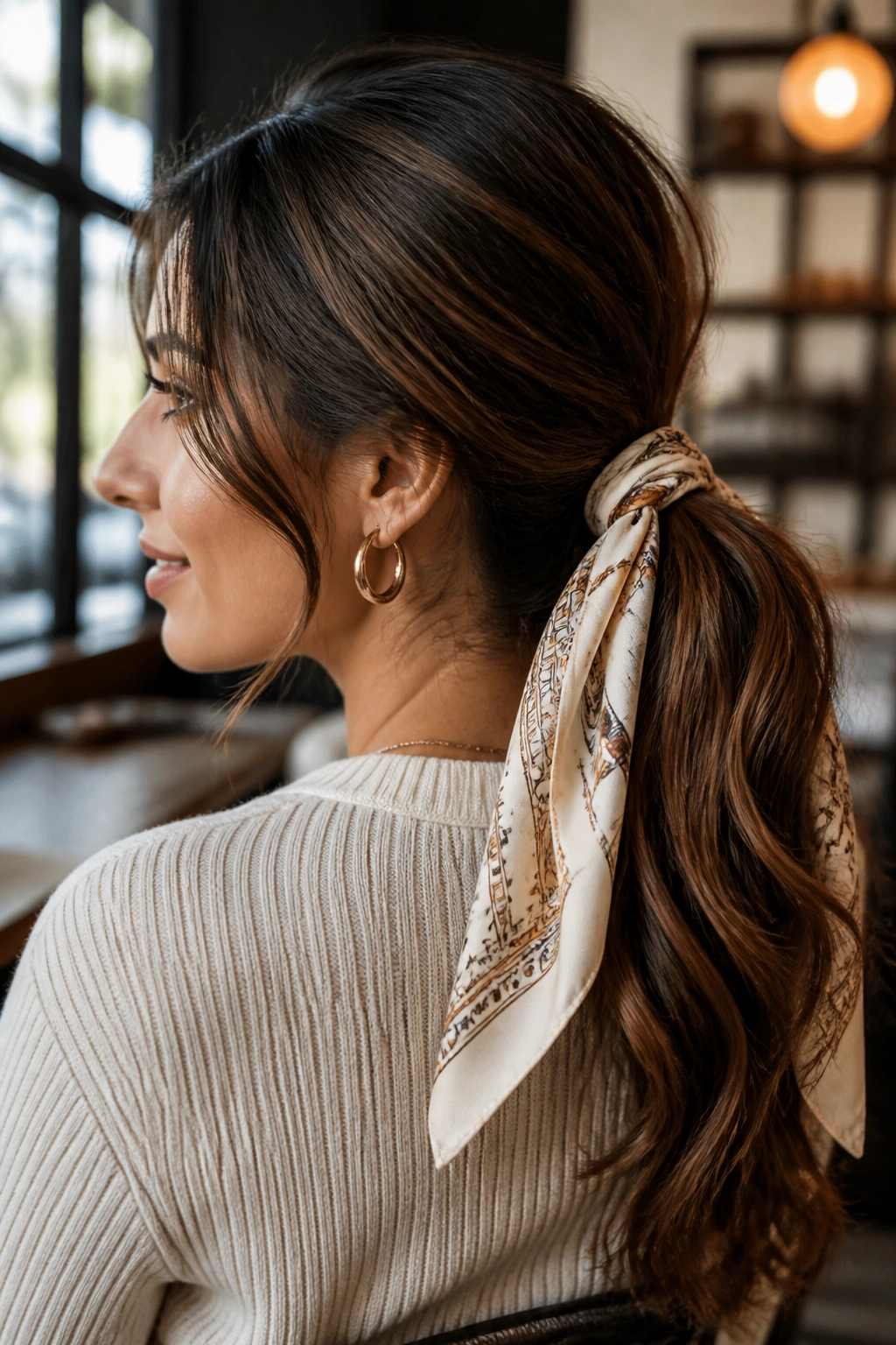 Close-up of a real woman with scarf-tied ponytail at the base.