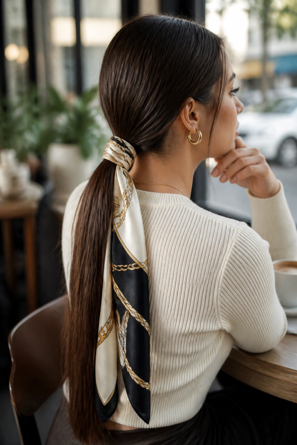 Woman with a scarf-tied low ponytail showing smooth straight hair and a decorative scarf at the base.