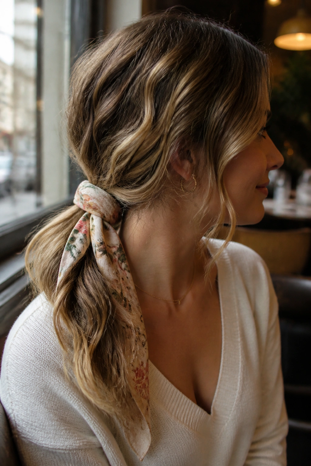 Close-up of a real person with a low ponytail tied with a scarf and loose waves