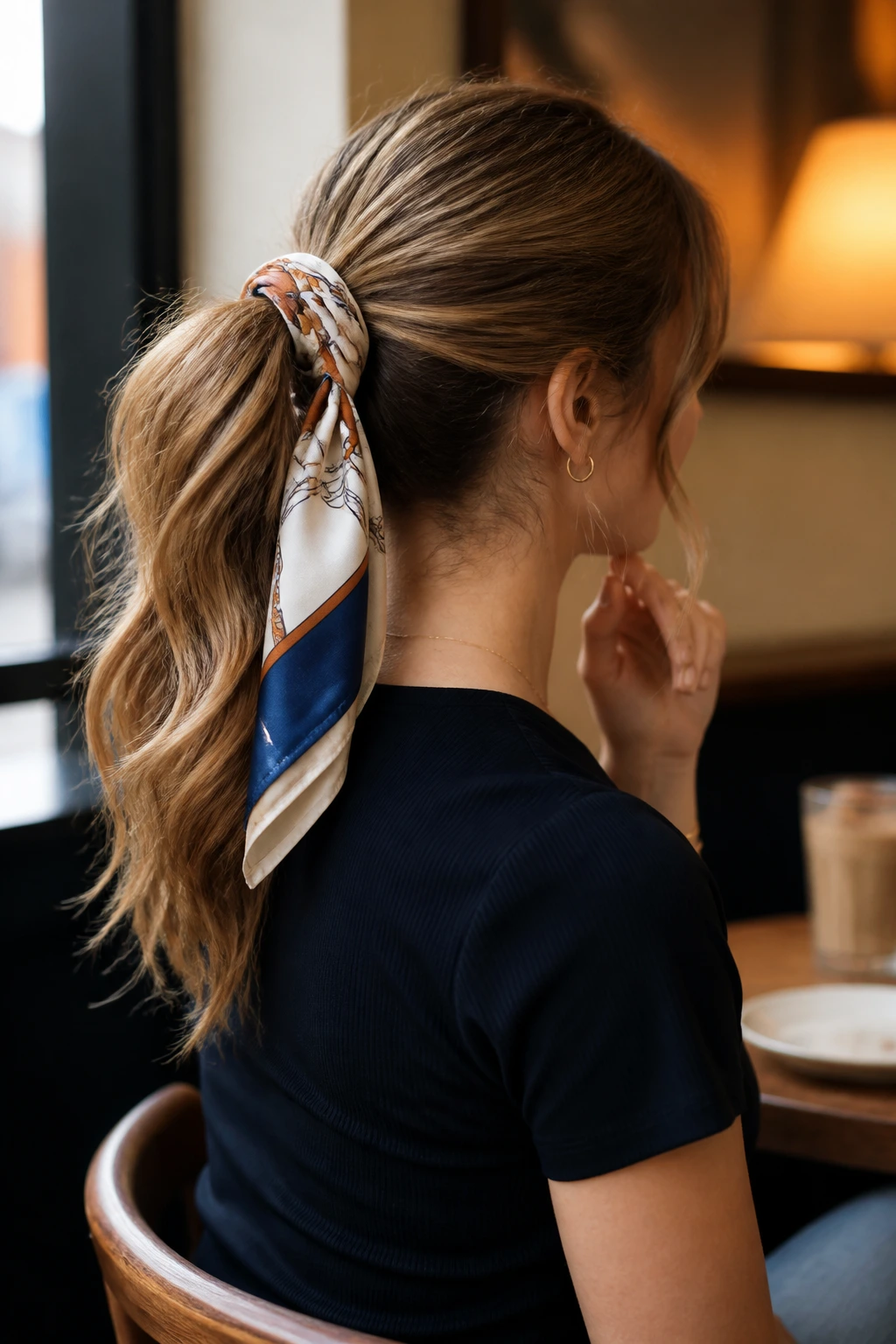 Close-up of a real woman with a scarf-tied ponytail secured by a scarf