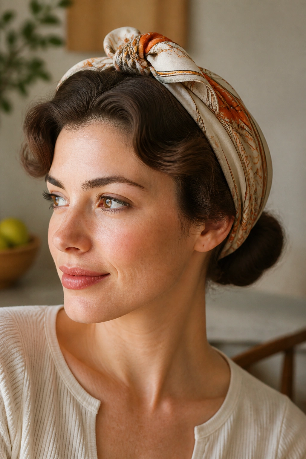 Close-up portrait of a woman with scarf-tied roll-up for day-two hair