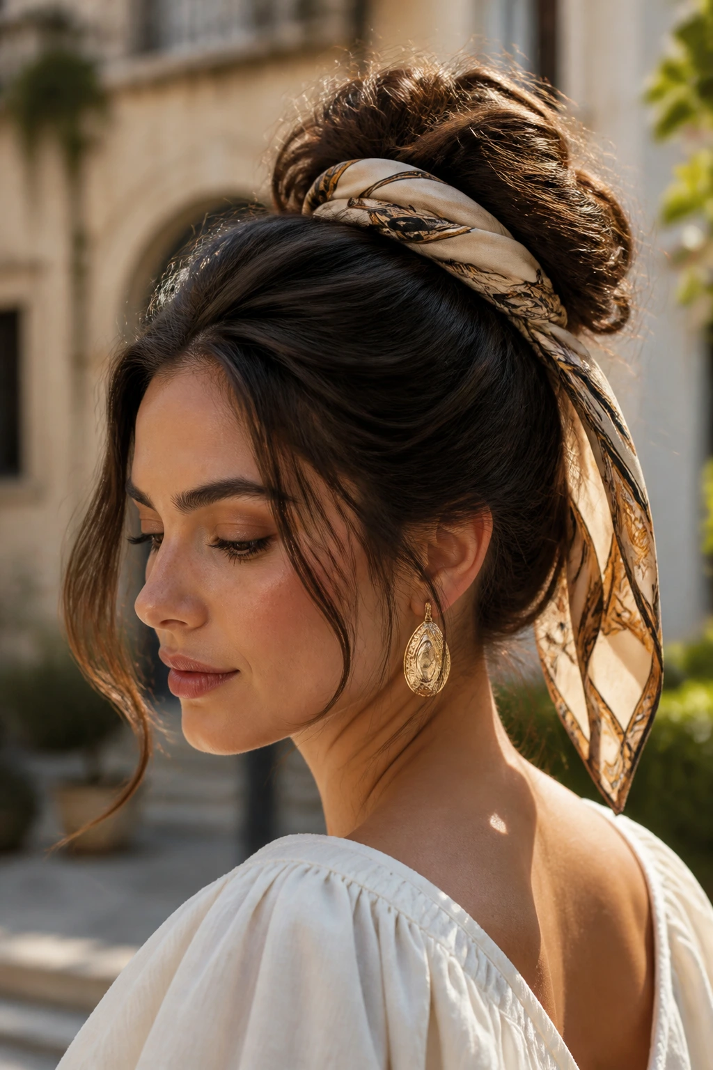 Close-up of scarf-tied volume updo on real woman outdoors.