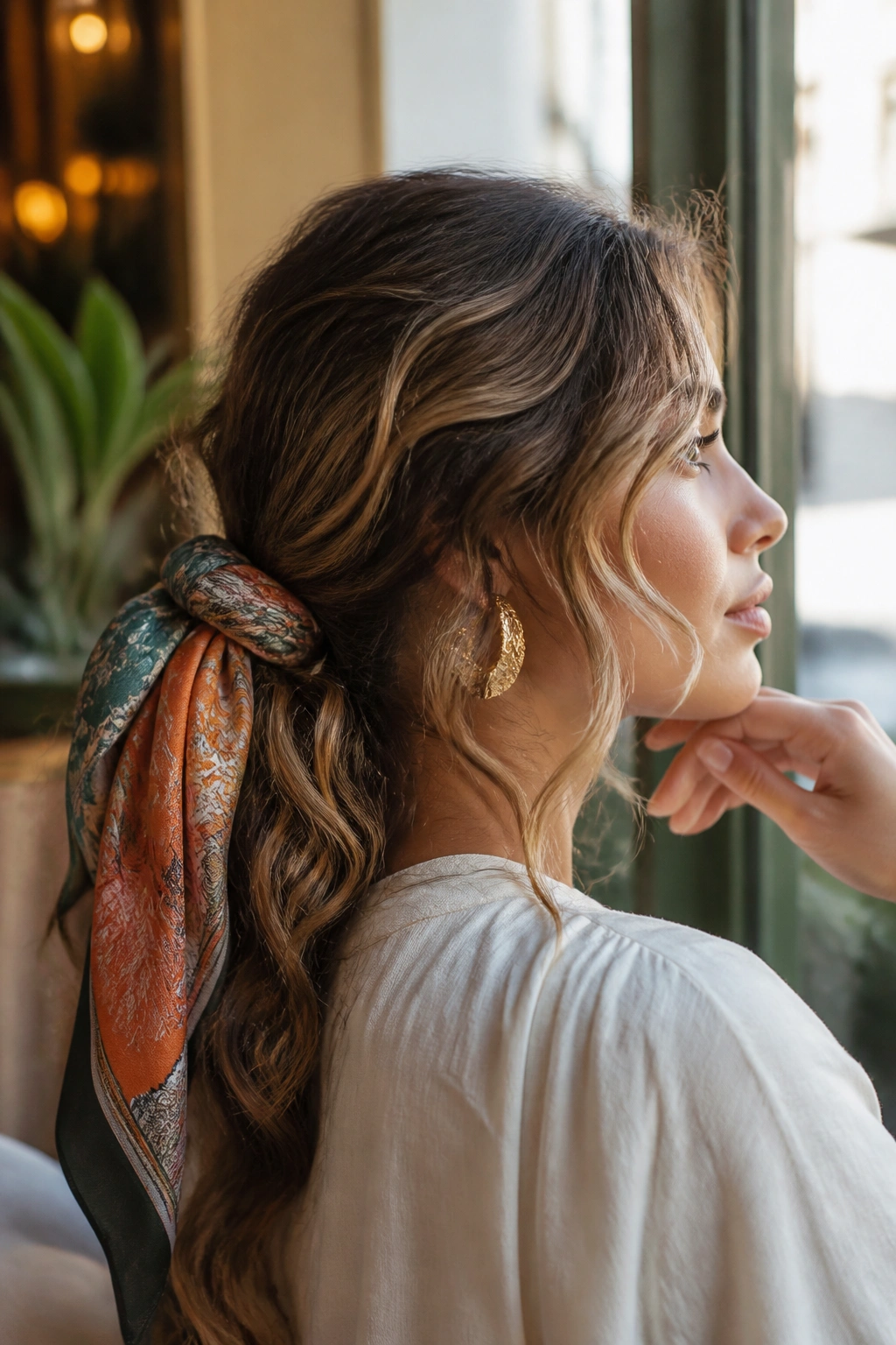Close-up of waves with a silk scarf tied at the base of a ponytail on a real woman