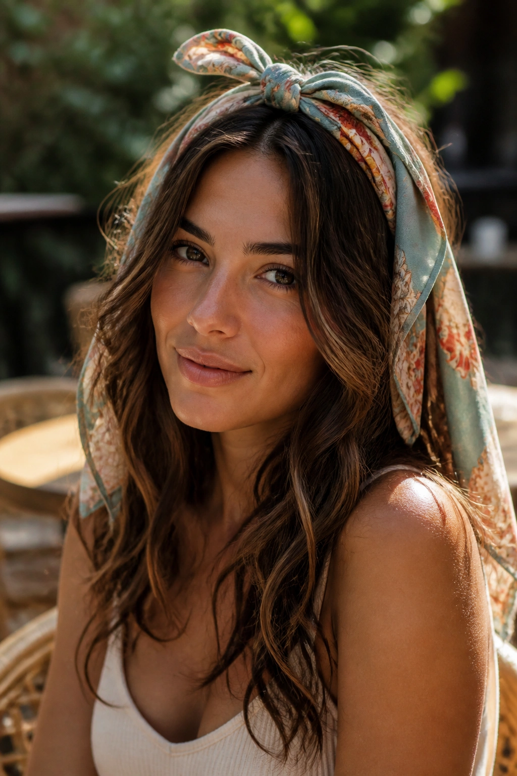 Portrait of a real woman with scarf-tied beachy waves around the head