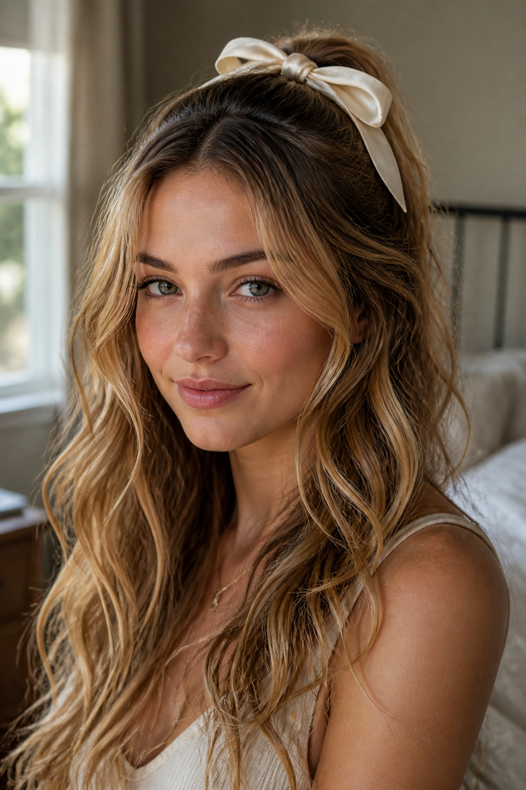 Close-up of scarf-tied waves with a soft bow on a real woman in a sunlit bedroom