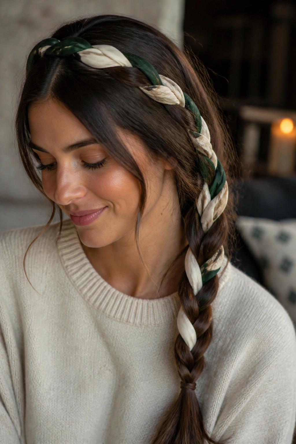 Brunette with scarf-woven braid in a cozy indoor setting