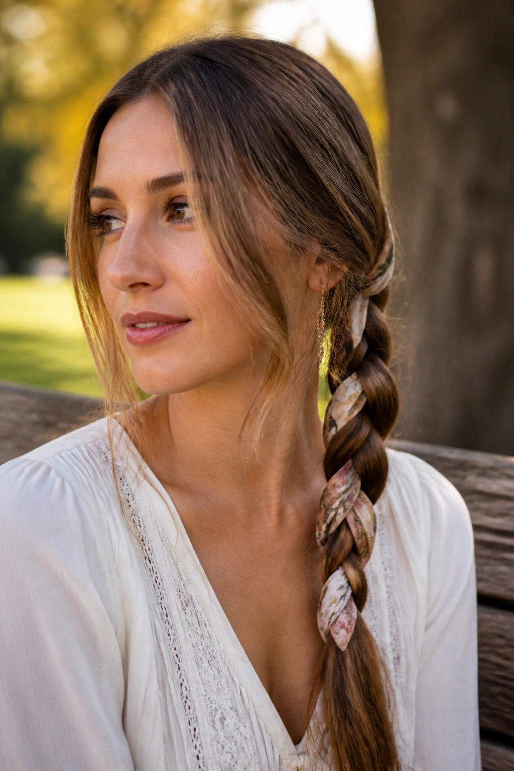 Close-up of a woman with a nape braid woven with a silk scarf