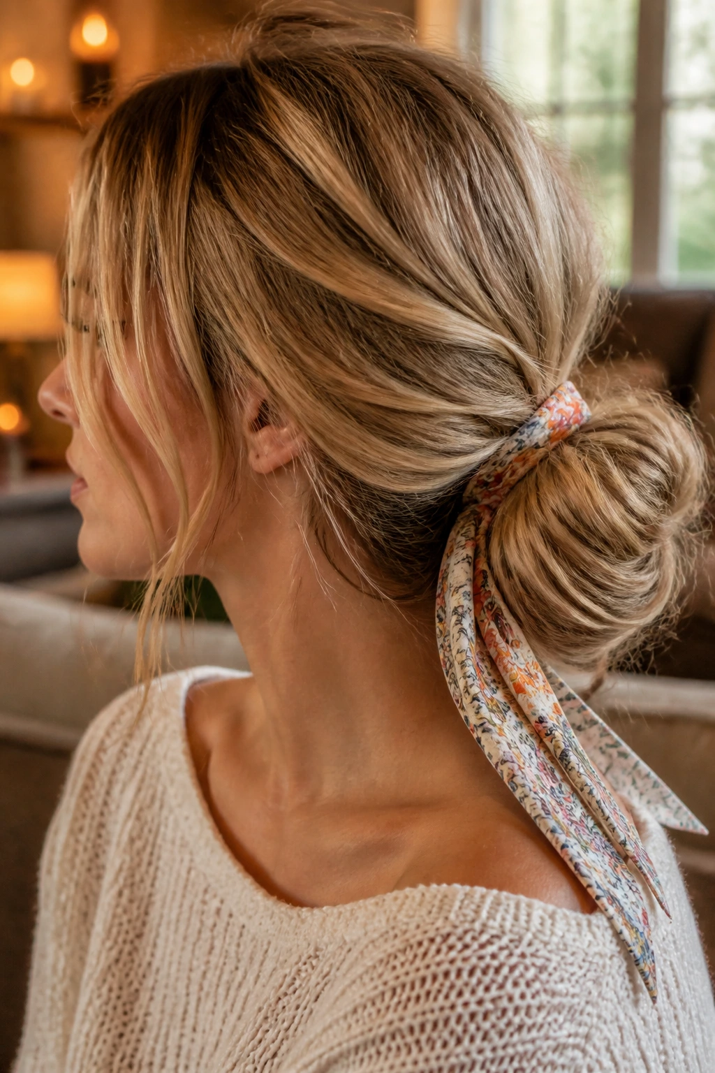 Real woman with side bun wrapped in a skinny scarf, warm indoor lighting
