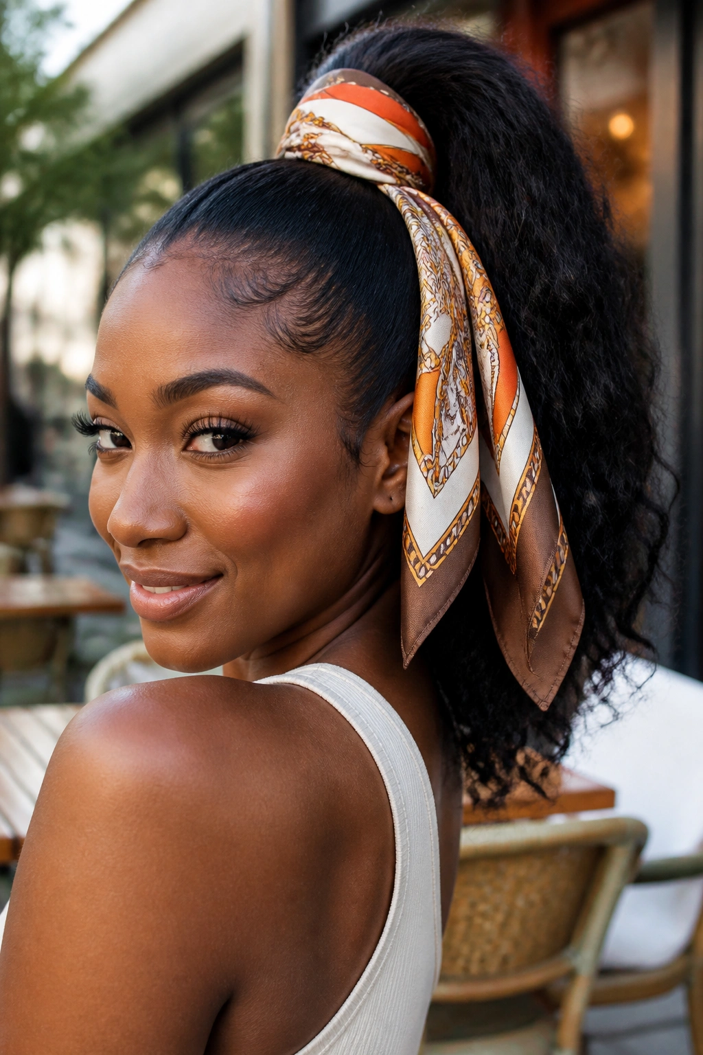 Portrait of a woman with scarf-wrapped high ponytail in a cafe setting.