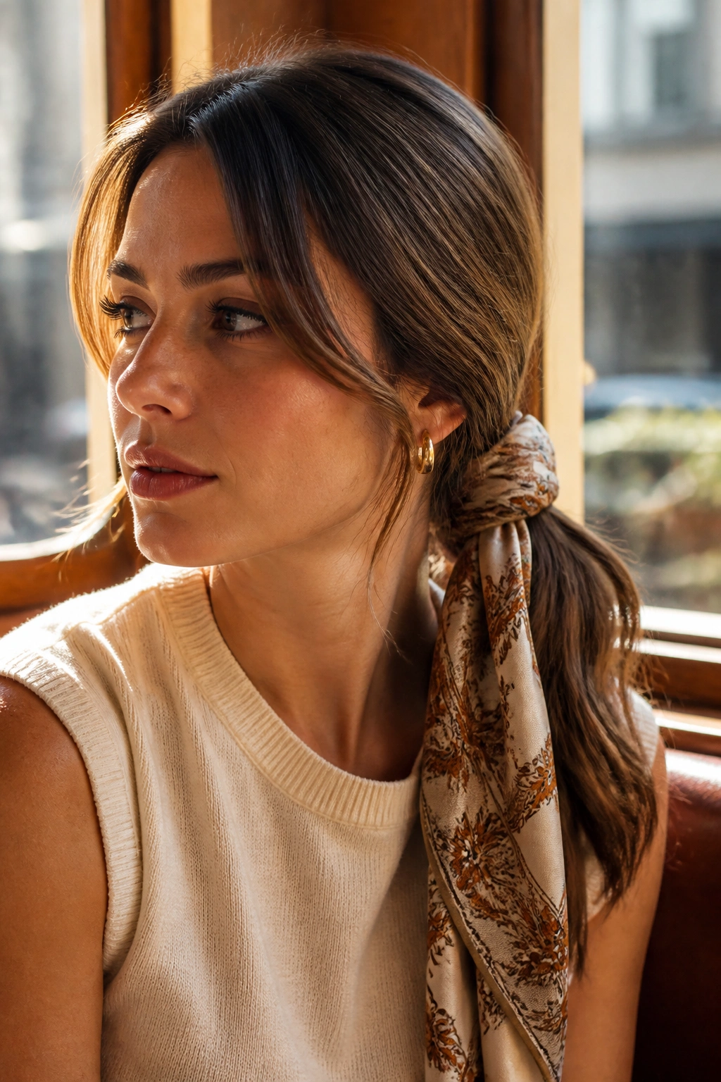 Close-up of a real woman showing a scarf-wrapped low ponytail in warm cafe light