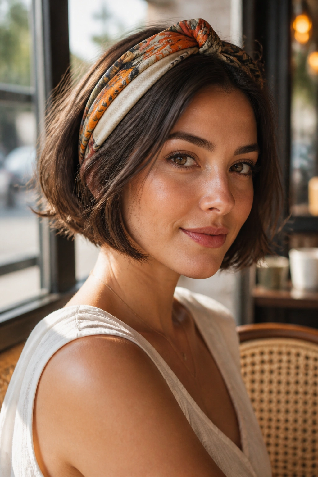 Close-up of a real woman with a silk scarf wrapped around a bob hairstyle