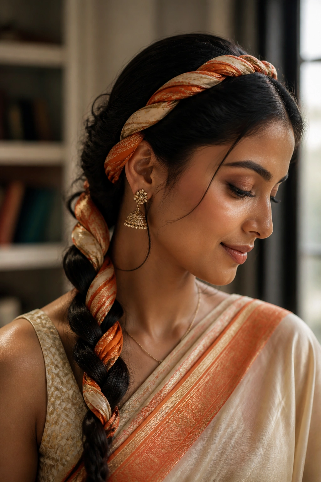 Close-up of a real woman with a scarf-wrapped braid