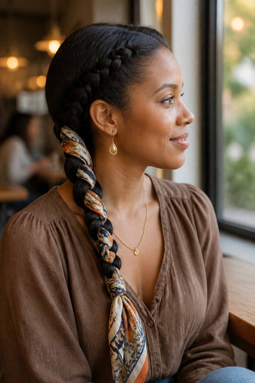 Side portrait of real person with scarf-wrapped braid