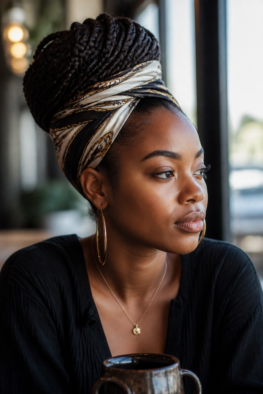 Close-up of a real woman with scarf-wrapped box braids at a cafe
