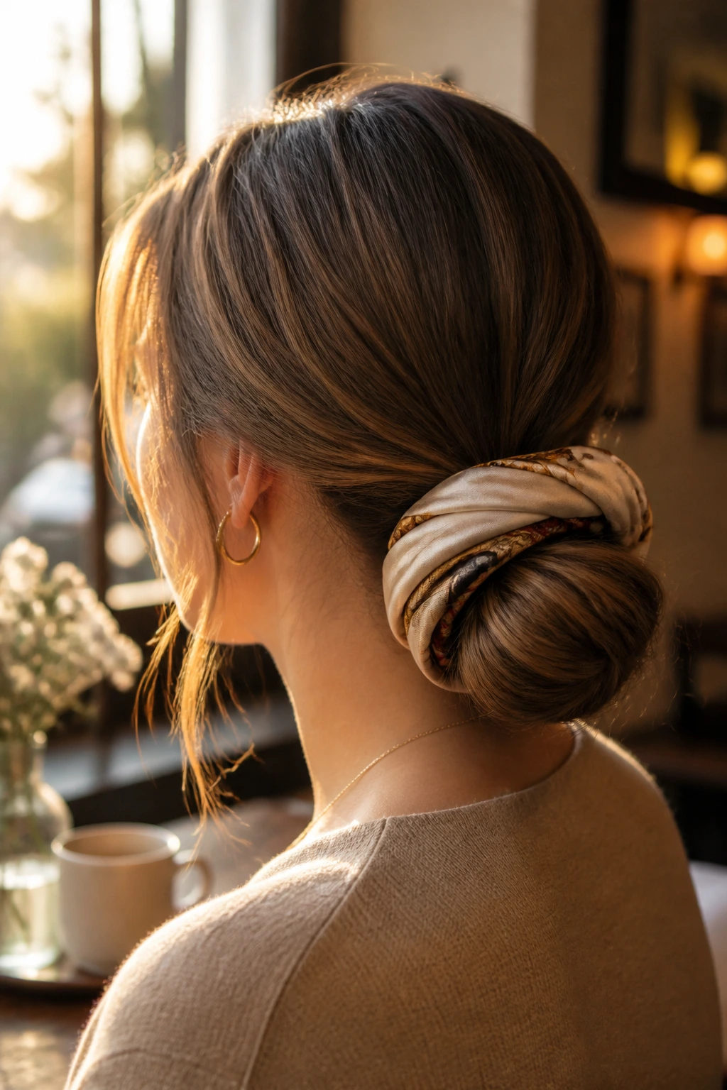 Low bun wrapped with a scarf tucked under the hair