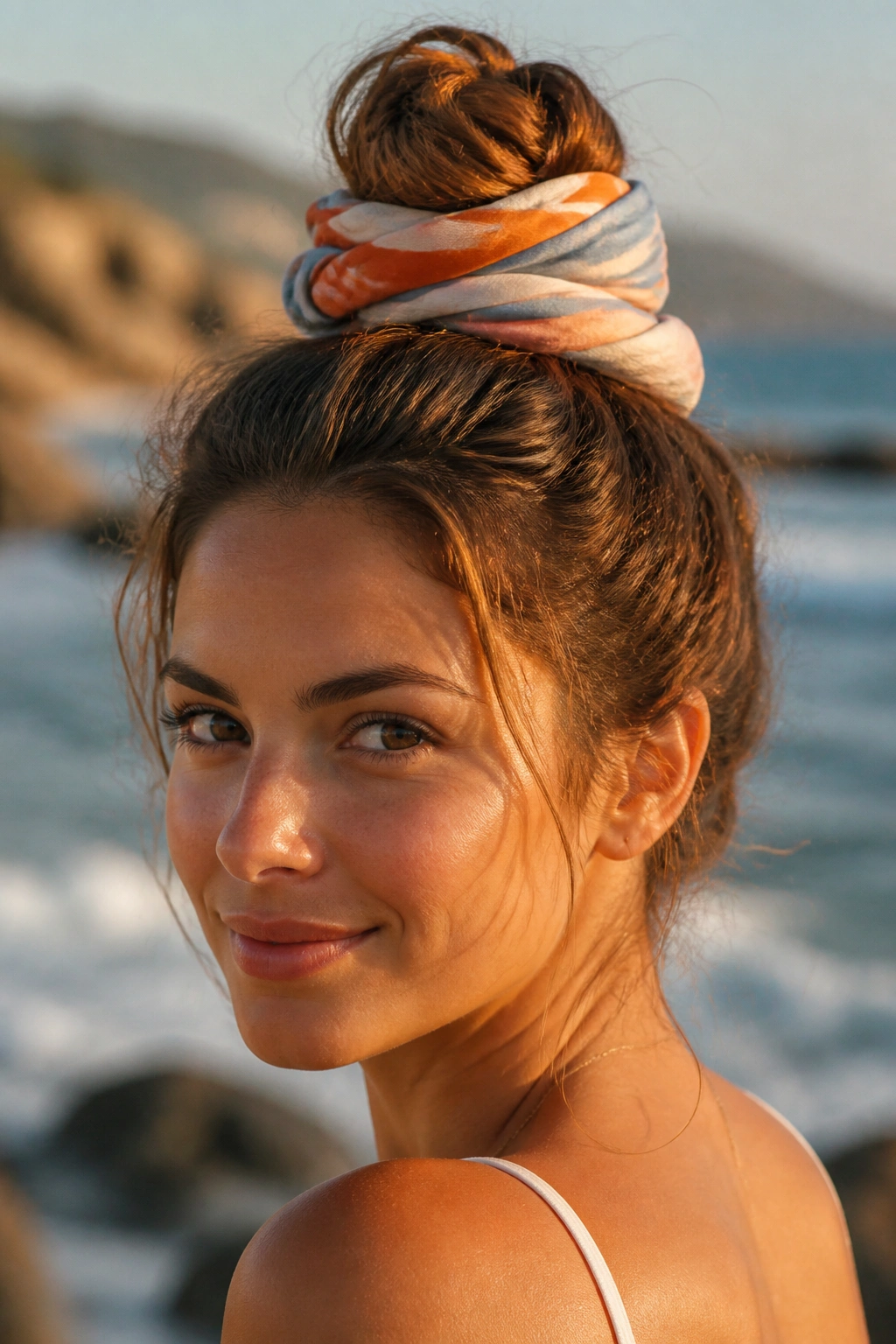 Close-up portrait of a real woman with a scarf wrapped bun at the beach
