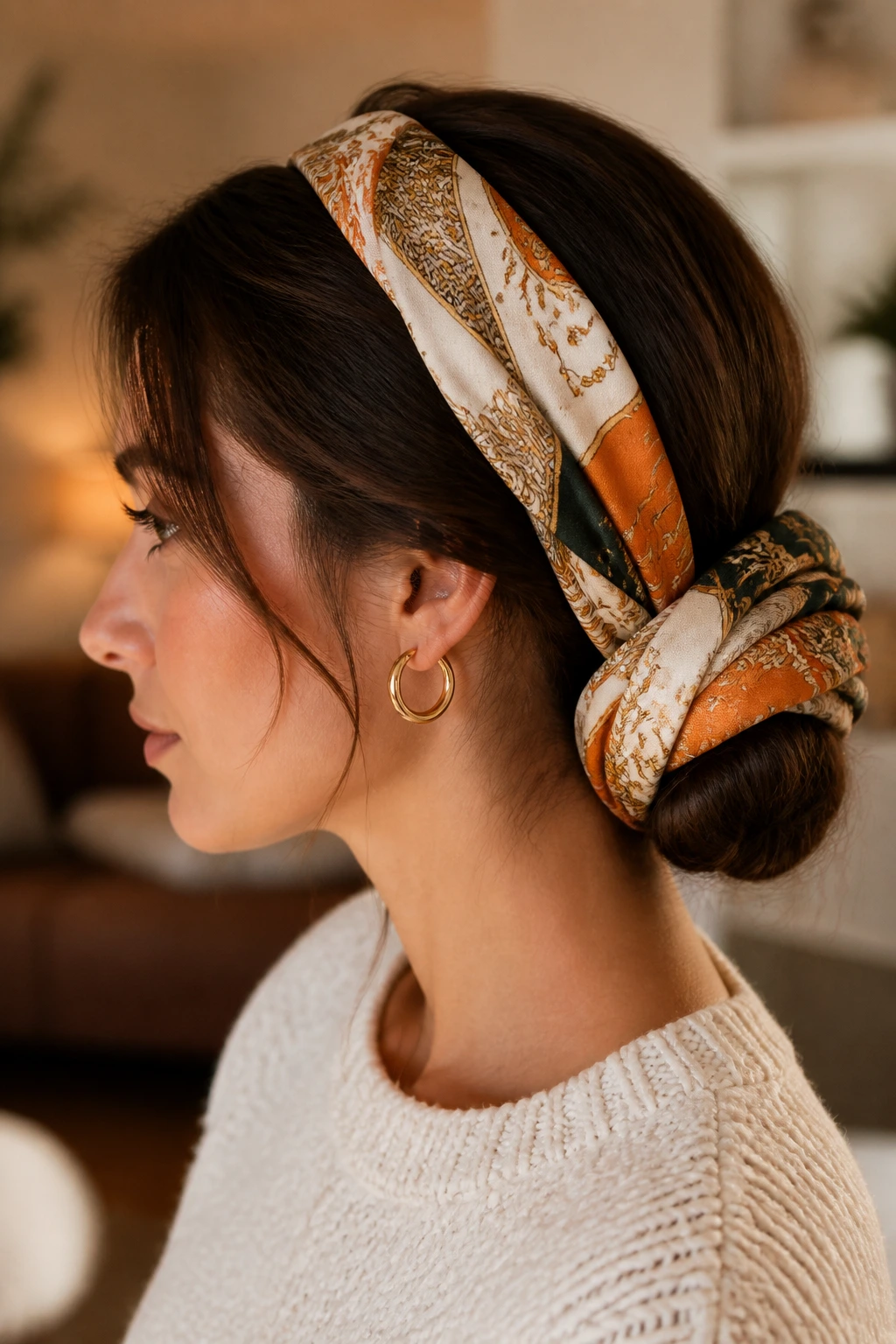 Close-up of a woman with a scarf-wrapped low bun