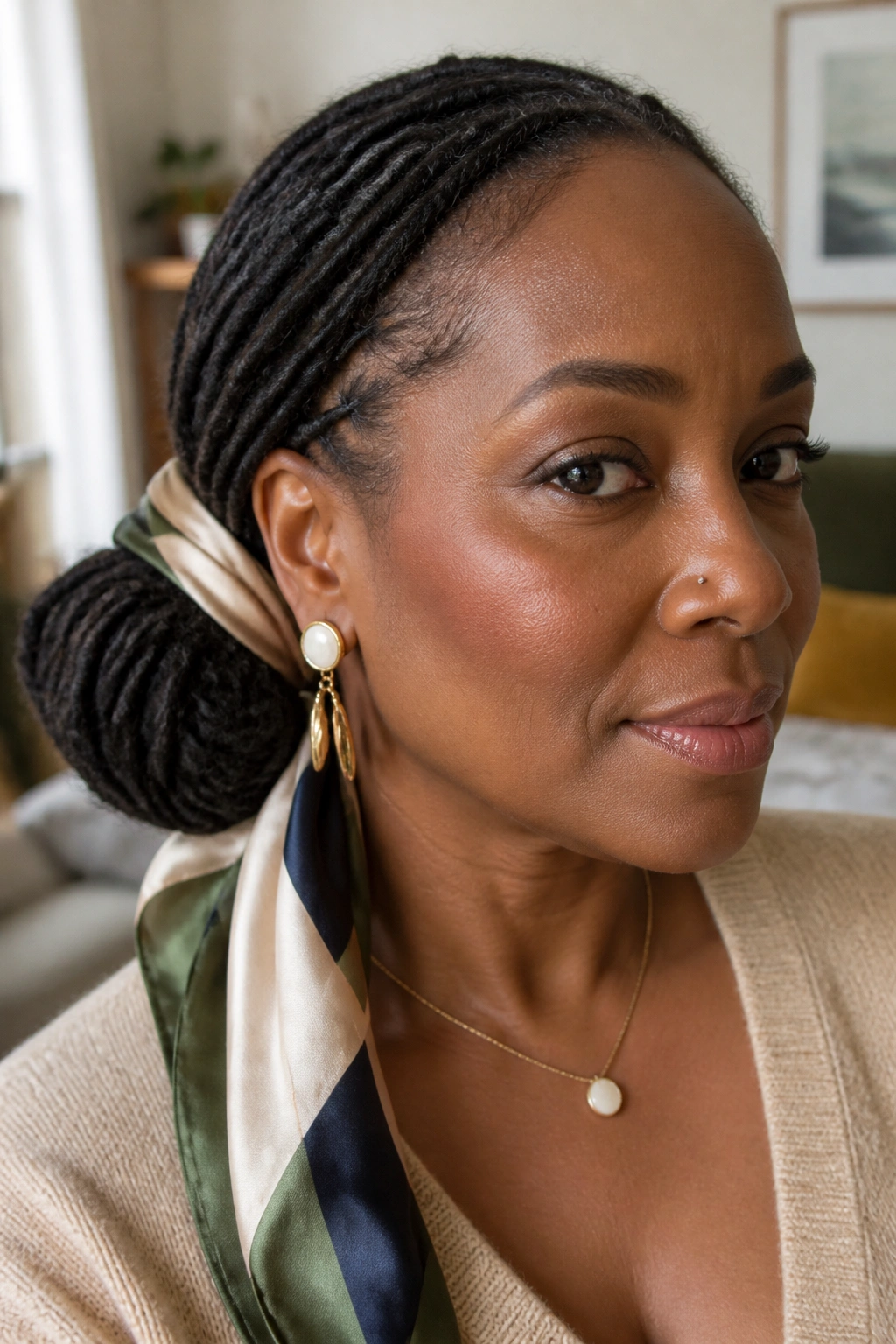 Close-up portrait of a real woman with a scarf-wrapped side bun in warm natural light