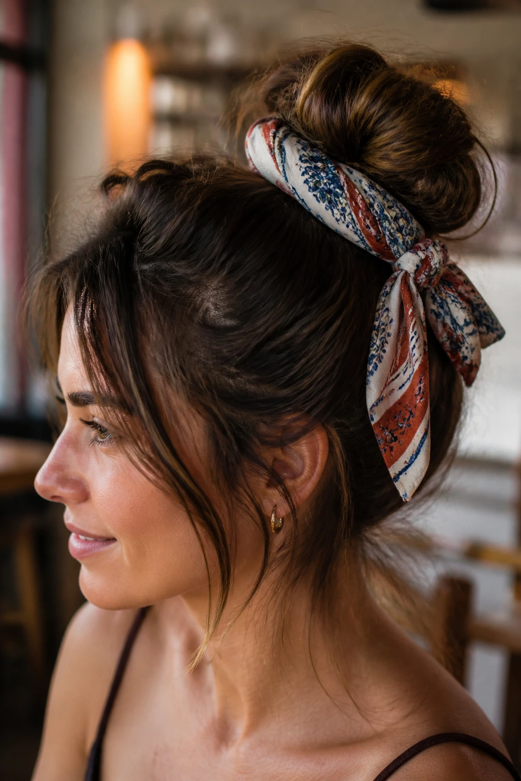 Close-up of a real woman with a scarf-wrapped bun and a soft knot in a cafe setting.