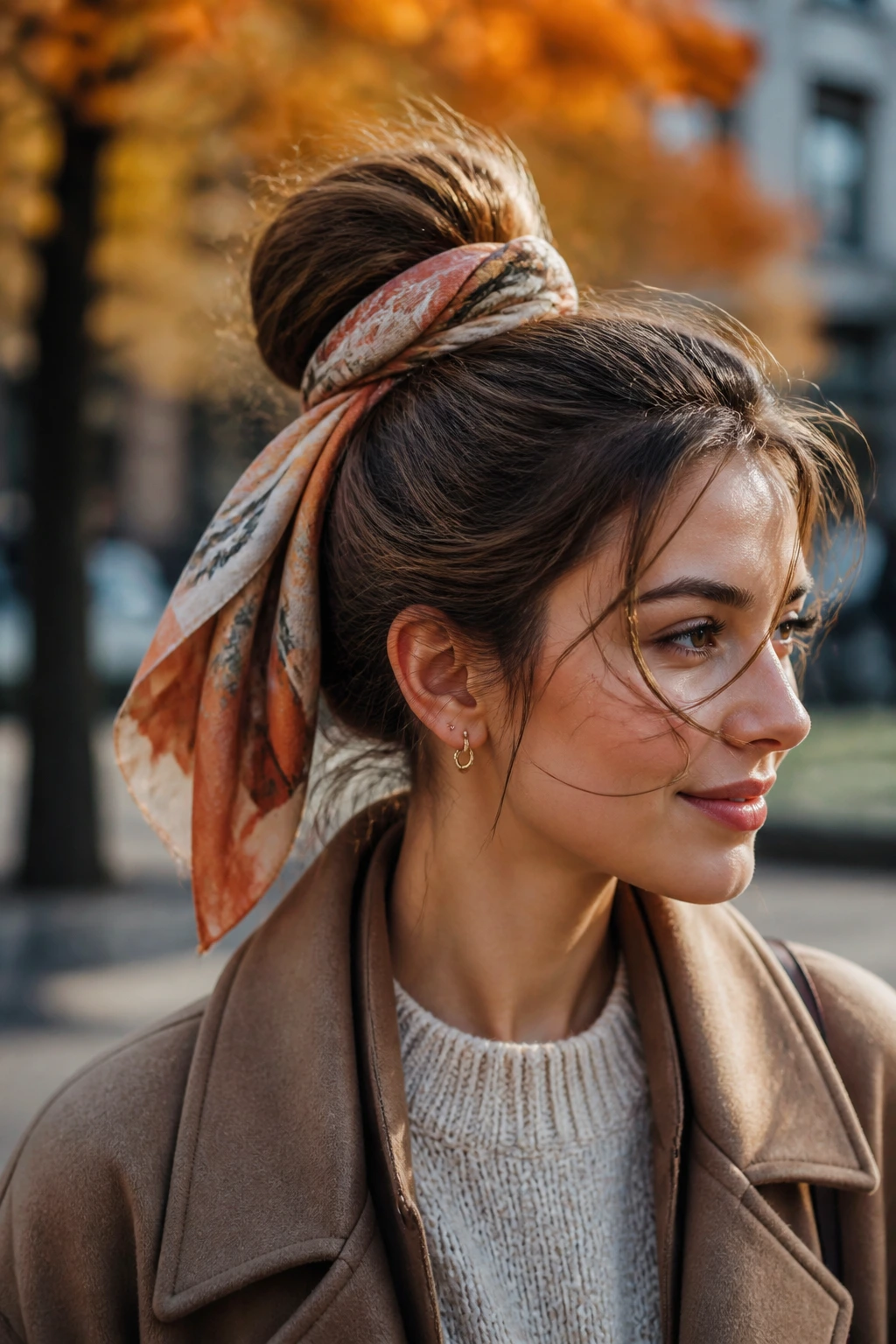 Outdoor portrait of a real woman with scarf-wrapped bun on windy day