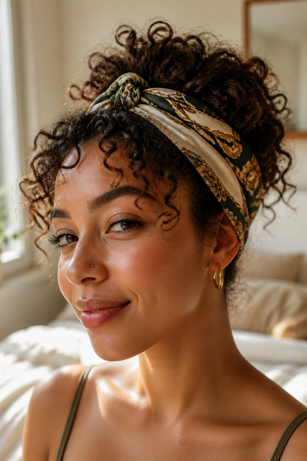 Close-up of a woman with scarf-wrapped curls in a sunlit room