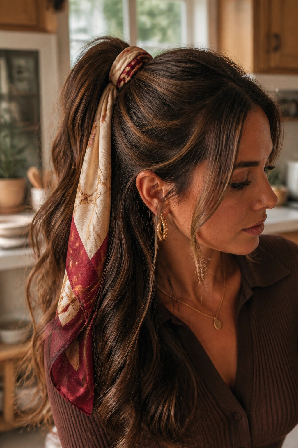 Close-up of real woman with scarf-wrapped half-up ponytail in warm light.