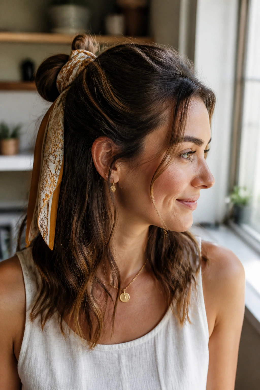 Close-up portrait of a real woman with scarf-wrapped half updo