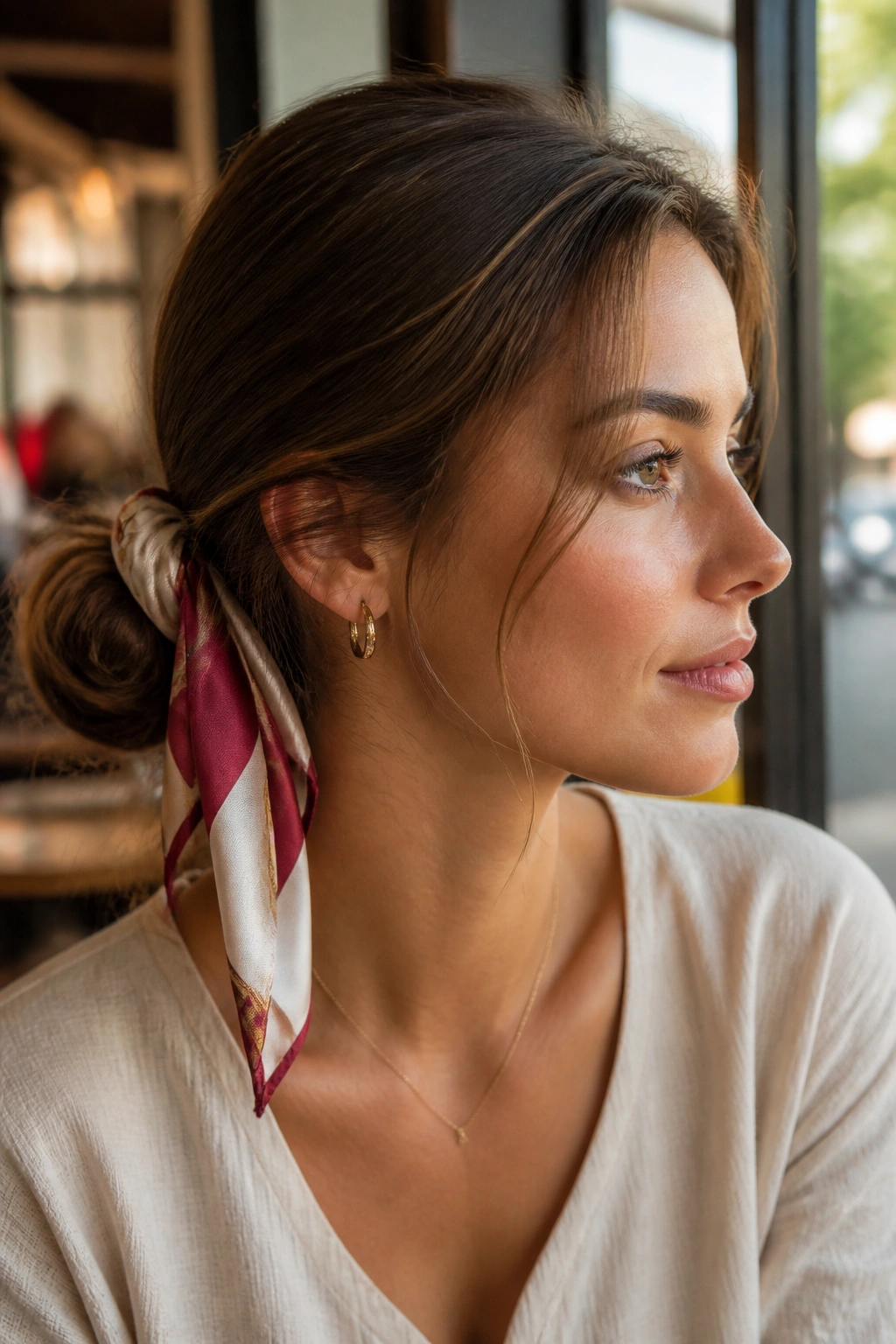 Close-up of a real woman with a scarf-wrapped low bun