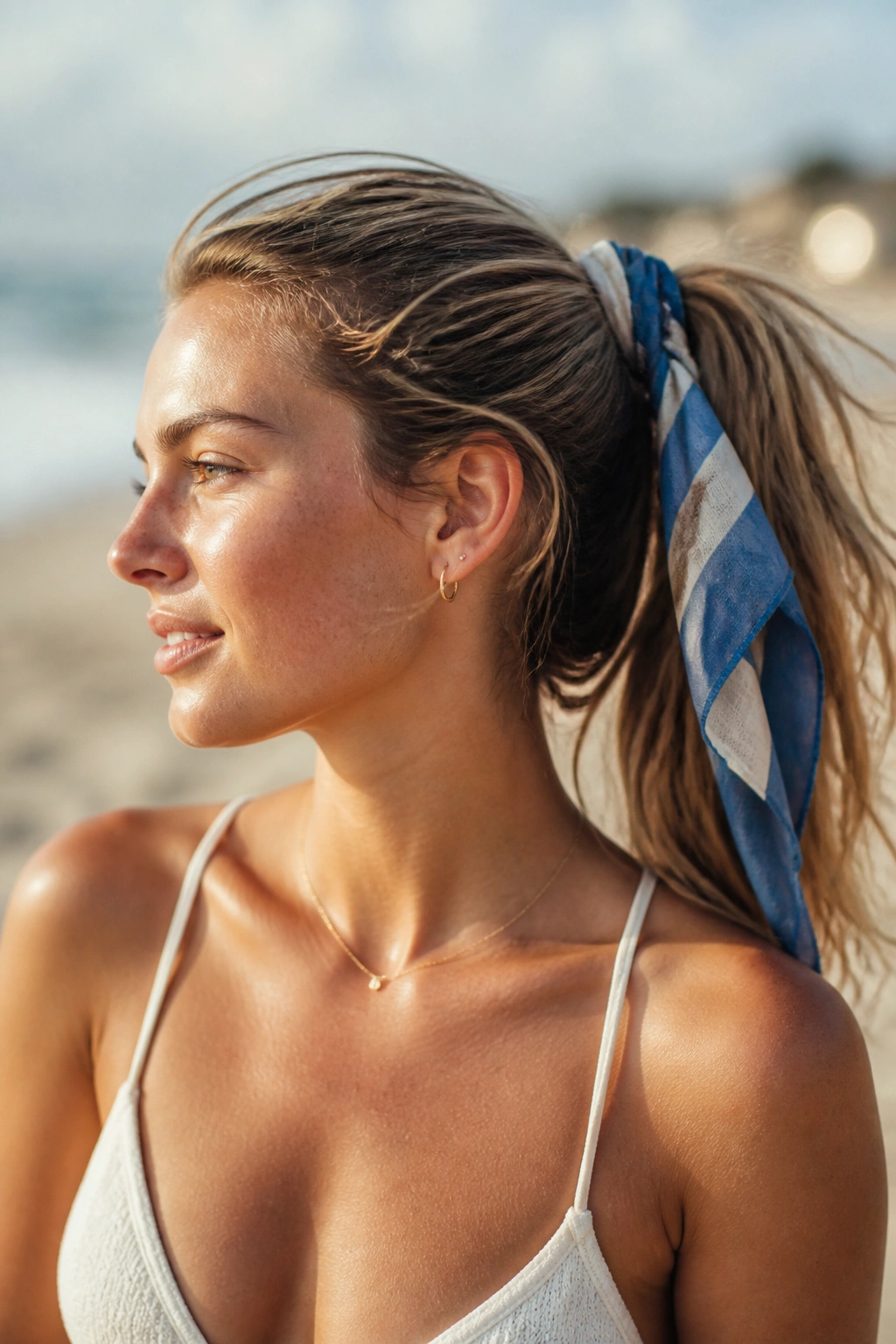 Close-up of a real woman wearing a scarf-wrapped ponytail at the beach