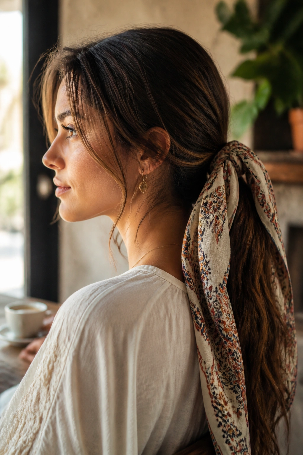 Portrait of a woman with a scarf-wrapped low ponytail