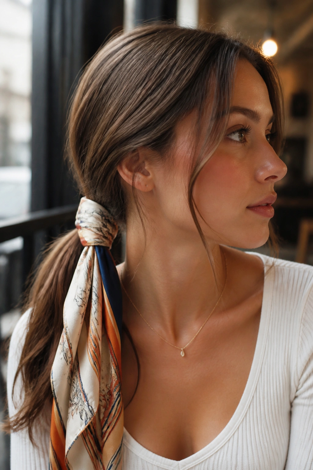 Real woman with scarf-wrapped low ponytail at the nape