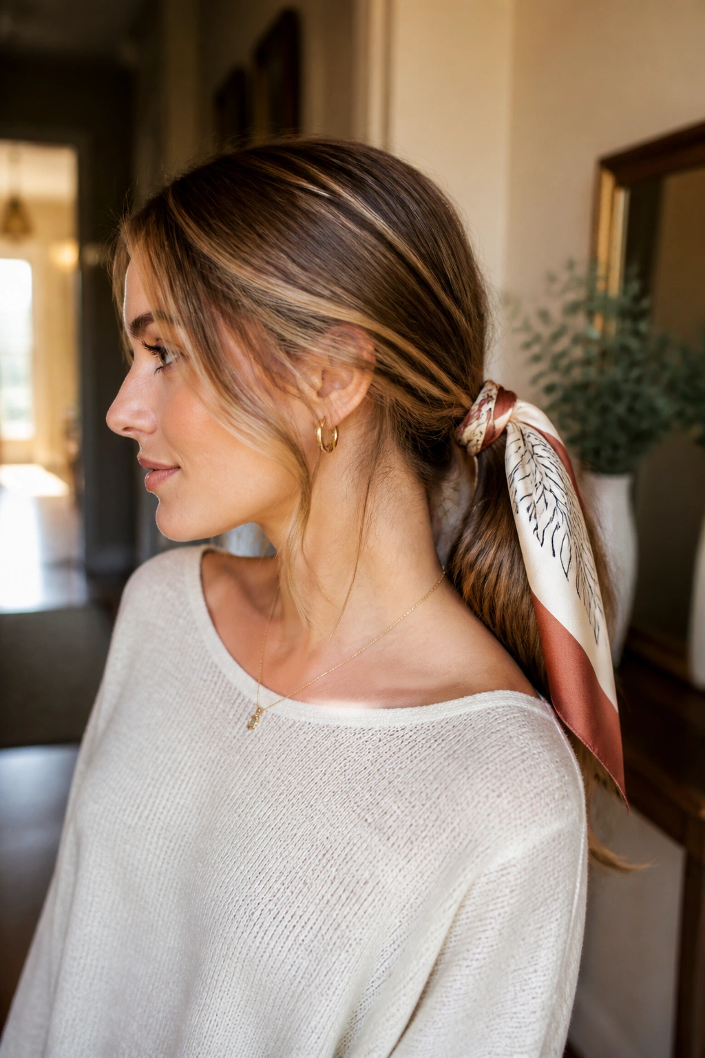 Close-up of a real woman with scarf-wrapped ponytail.