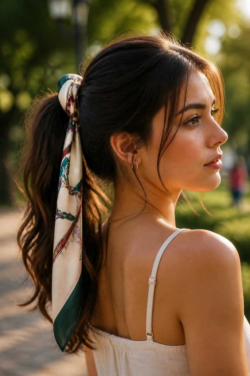 Close-up portrait of a real woman with a scarf-wrapped ponytail outdoors in golden hour light