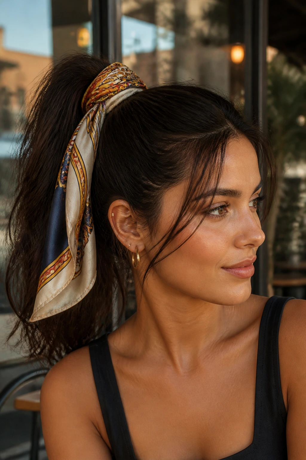 Close-up of a woman with scarf-wrapped high ponytail
