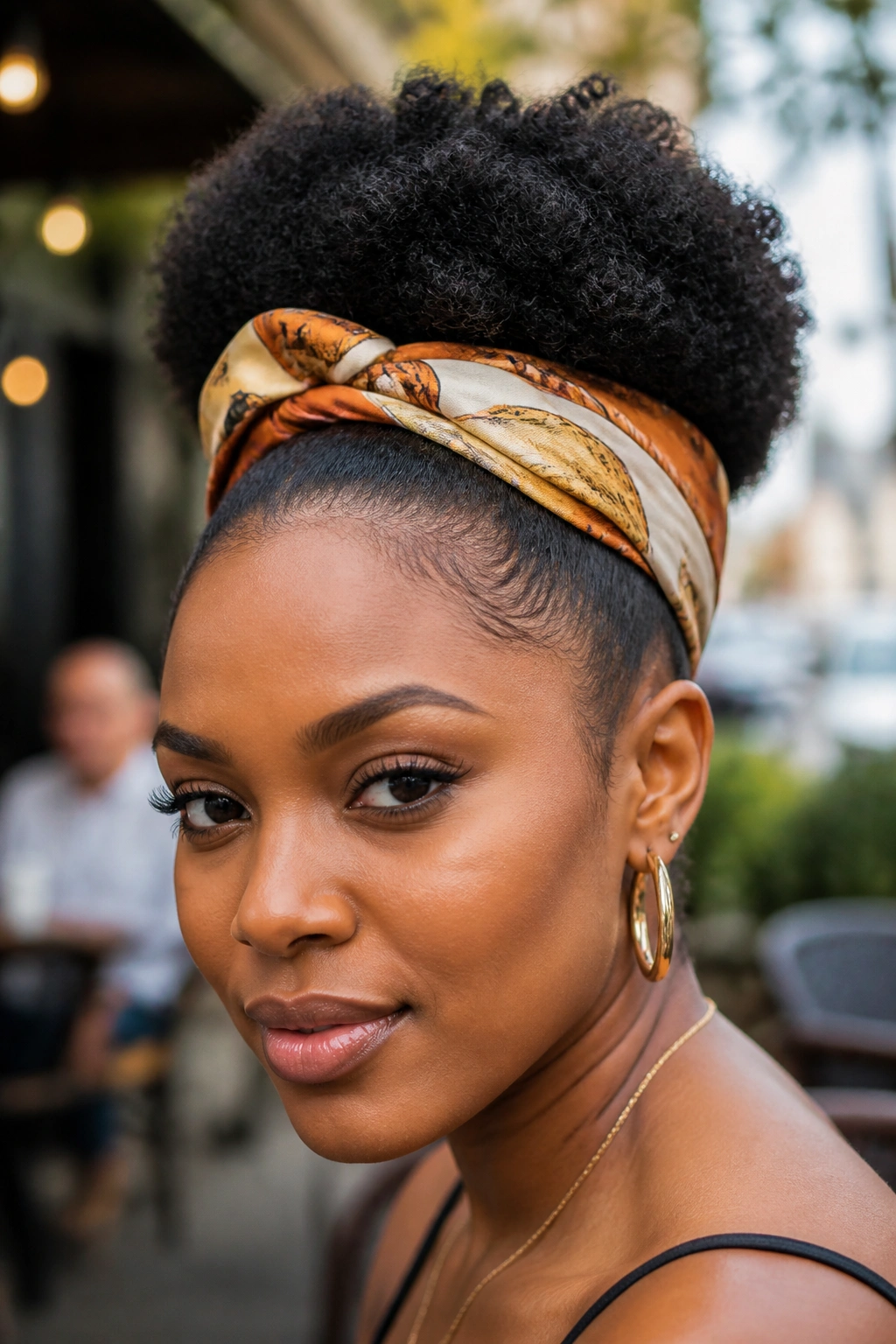 Portrait of a woman with a scarf-wrapped puff outdoors in soft light