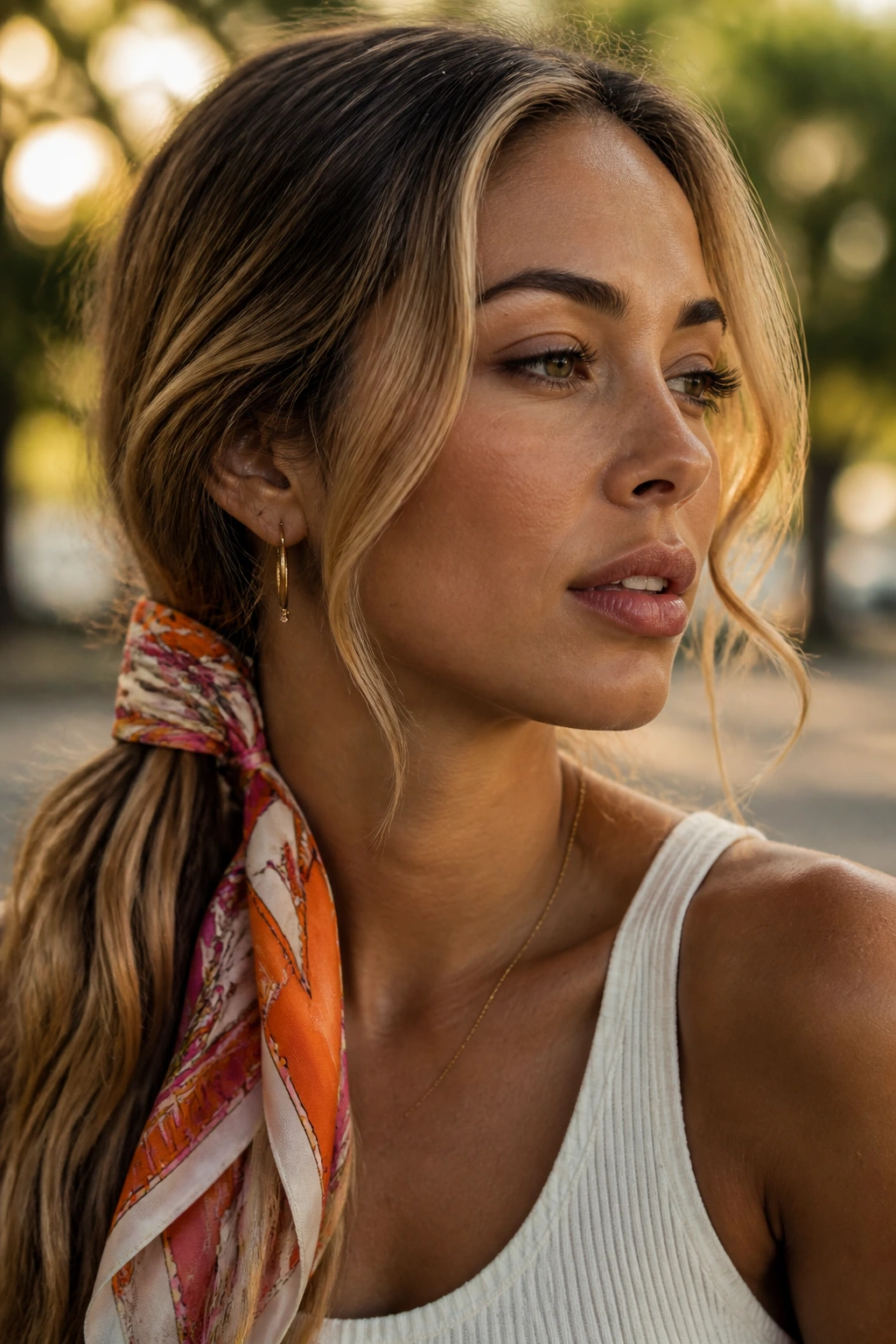 Close-up of a real woman with Scarf-Wrapped Side Ponytail