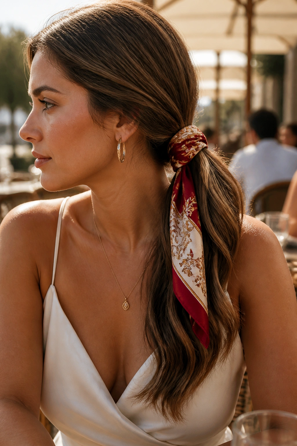 Portrait of a woman with scarf-wrapped side ponytail in warm outdoor light