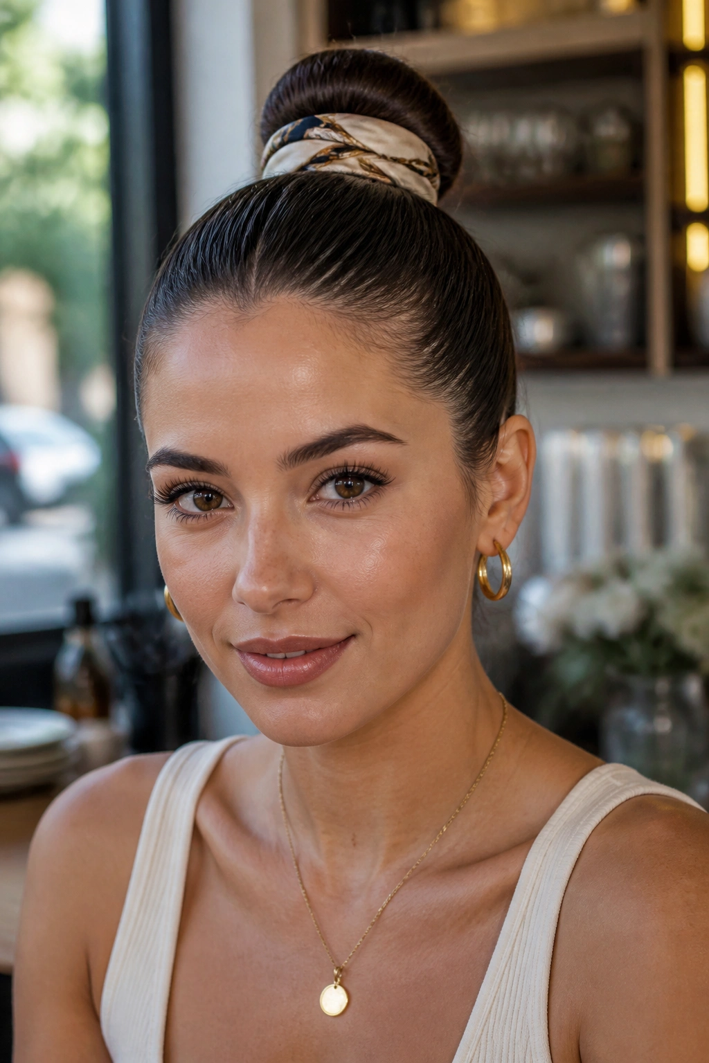 Portrait of a woman with a scarf-wrapped sleek bun