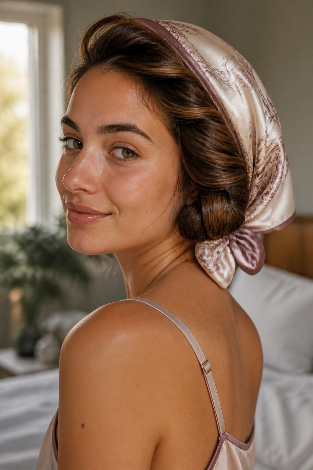Close-up of a real woman with scarf-wrapped hair for sleep, soft waves and scarf visible in a cozy bedroom.