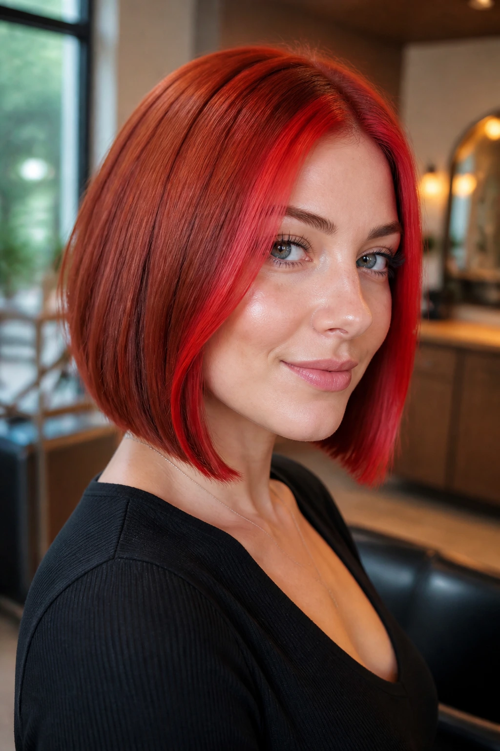 Close-up of a real woman with scarlet money-piece ribbons framing her copper-red bob