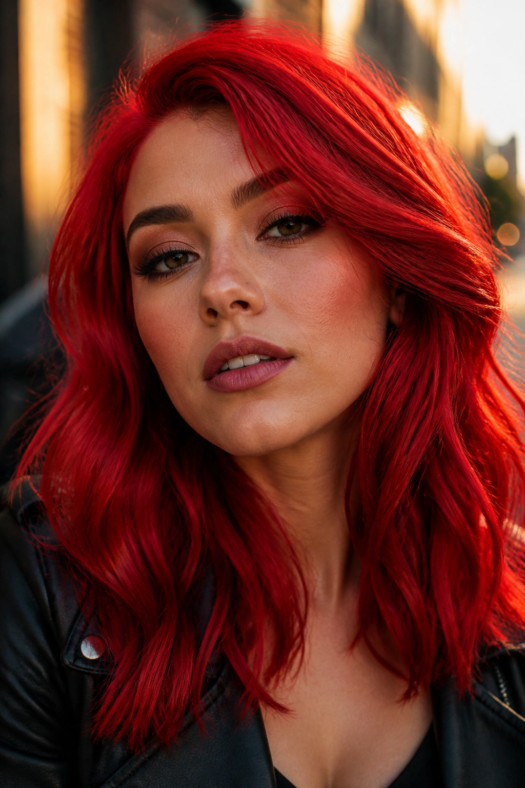 Close-up portrait of a real person with scarlet red hair in golden-hour street light