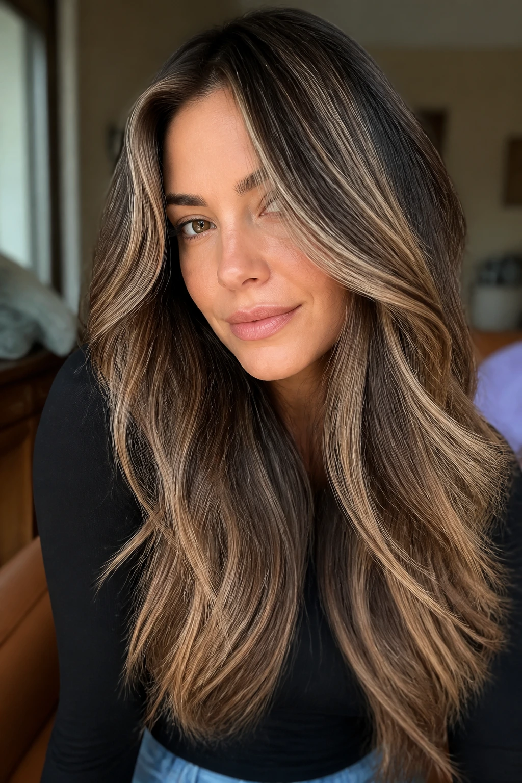 Close-up of thick long hair with scattered foilyage highlights on a real person