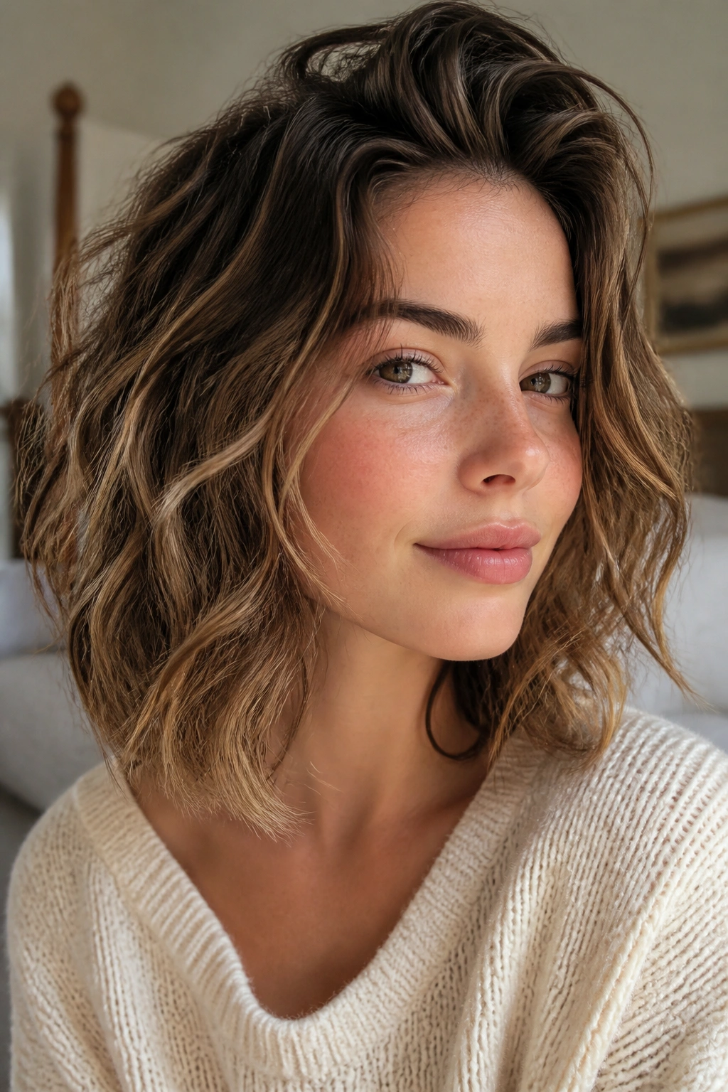 Close-up of a real woman with shoulder-length scrunched waves and lifted crown in warm bedroom light
