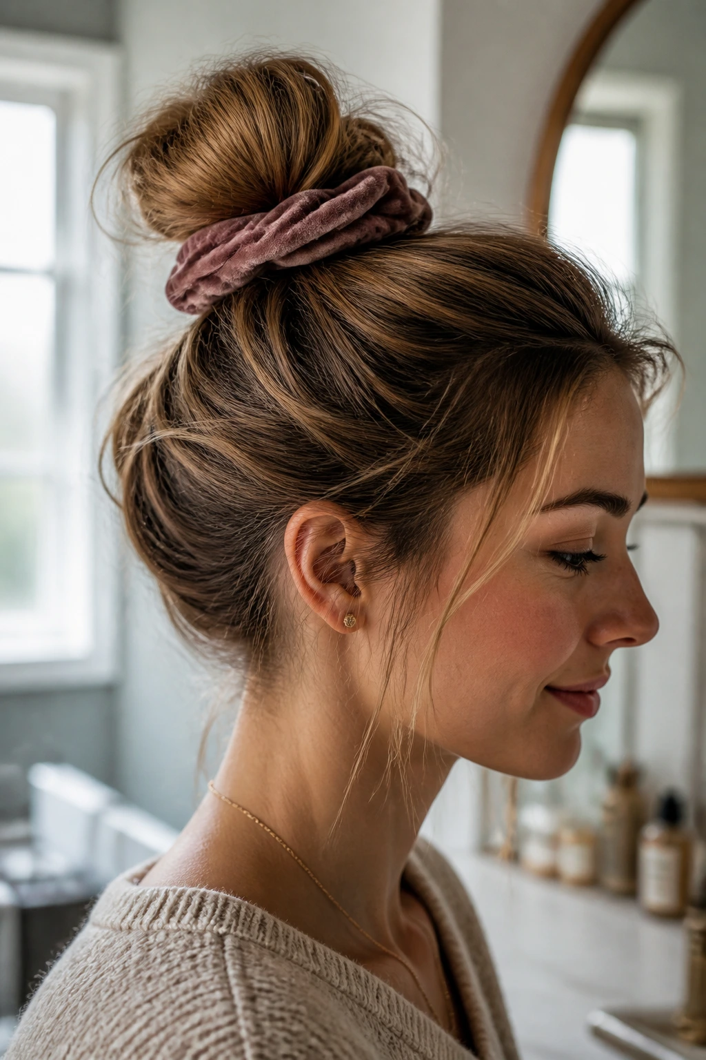 Close-up of a real woman wearing a casual scrunchie bun with a visible anchor elastic in a cozy bathroom setting