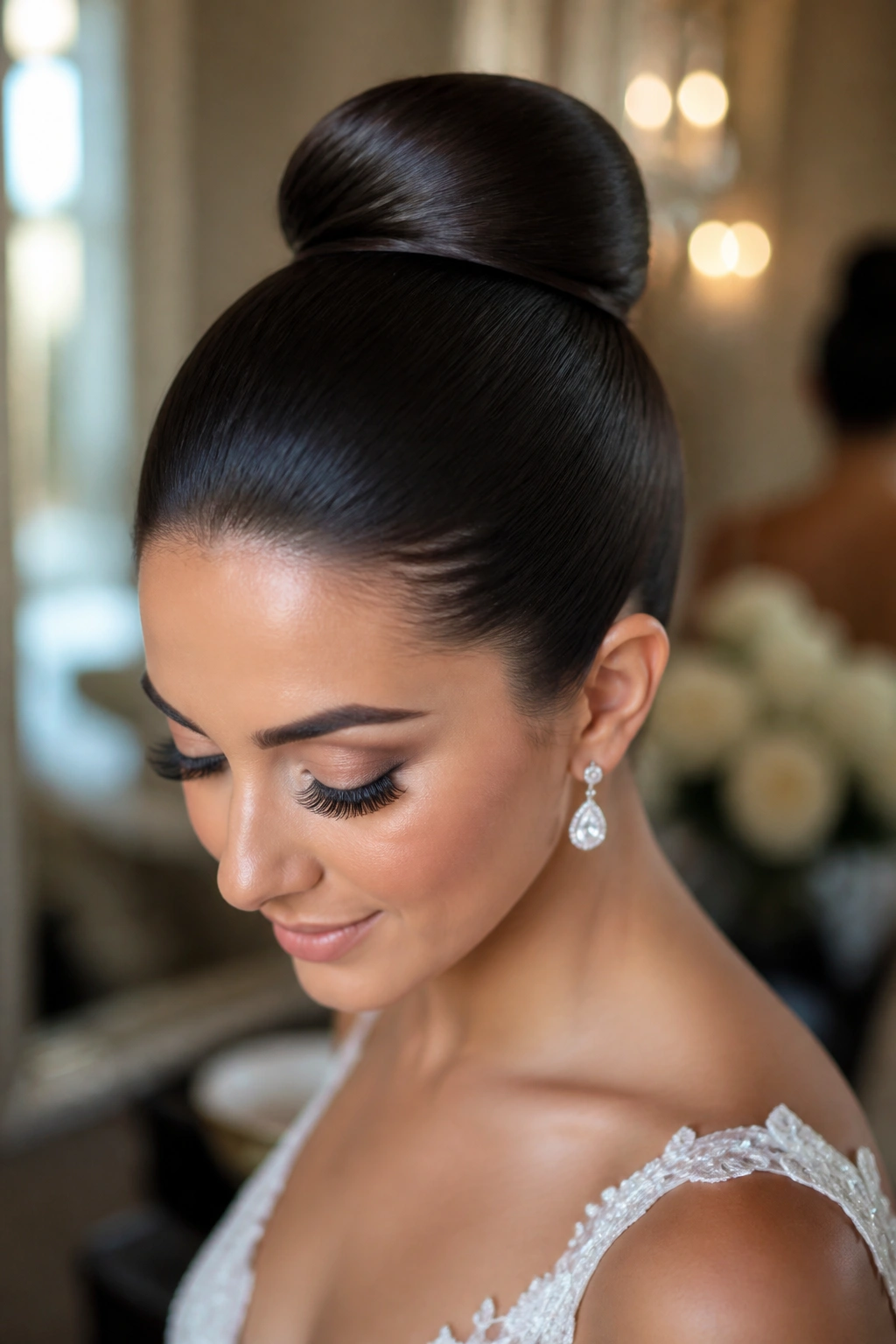 Close-up portrait of a real woman with a sculpted ballerina bun and smooth crown