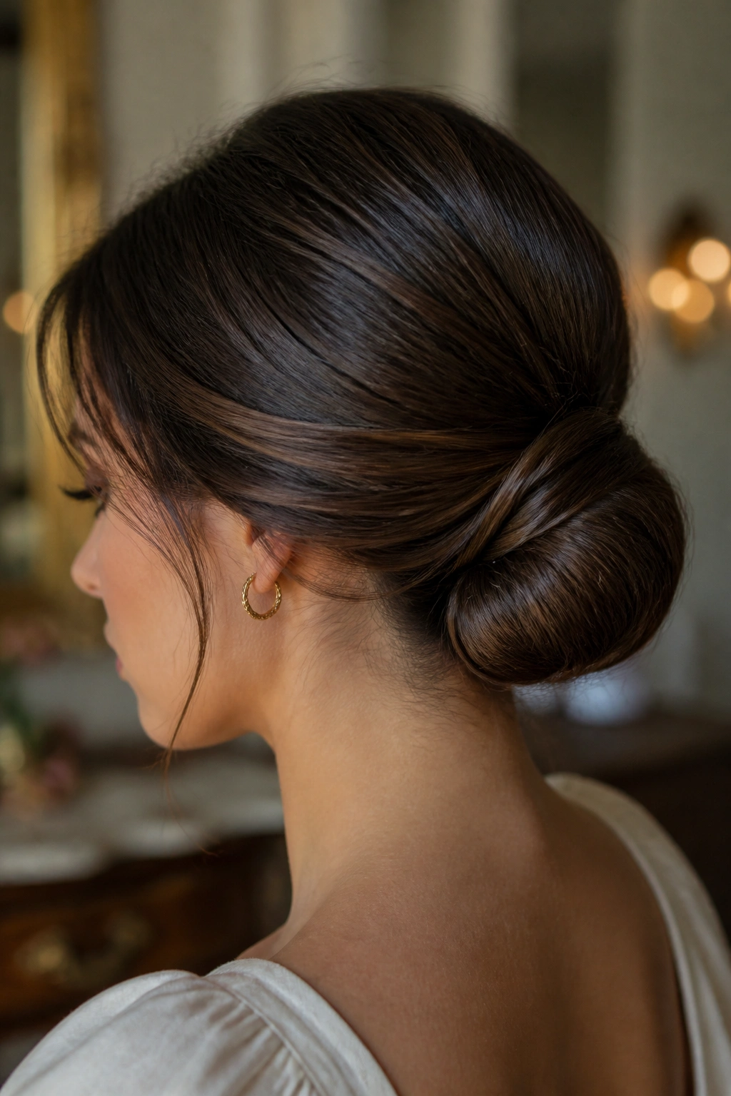 Close-up portrait of a woman with a sculpted low bun and hidden pins