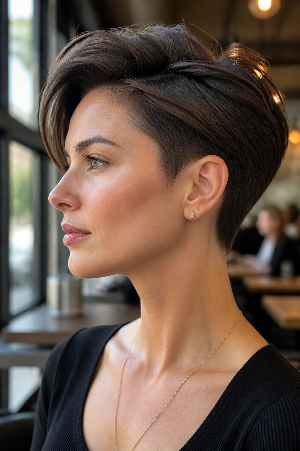 Close-up portrait of a real woman with sculpted crop hairstyle featuring a long top and tapered nape in a cafe setting