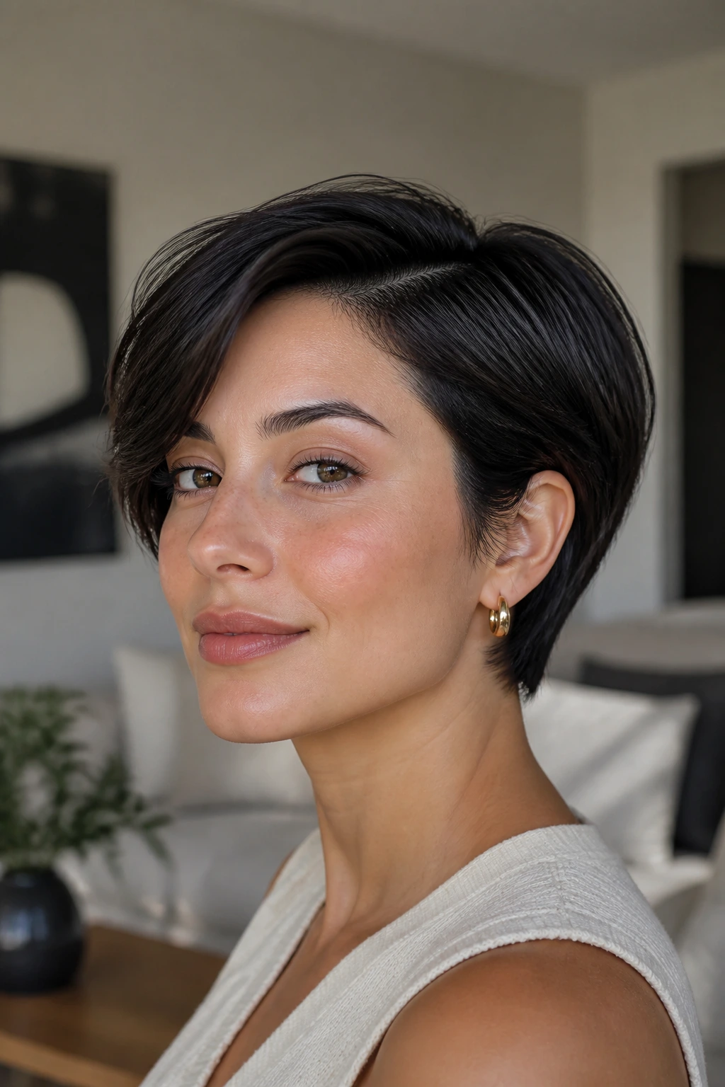 Close-up of a real woman with a sculpted crop for thick hair, crisp outer line and reduced bulk.