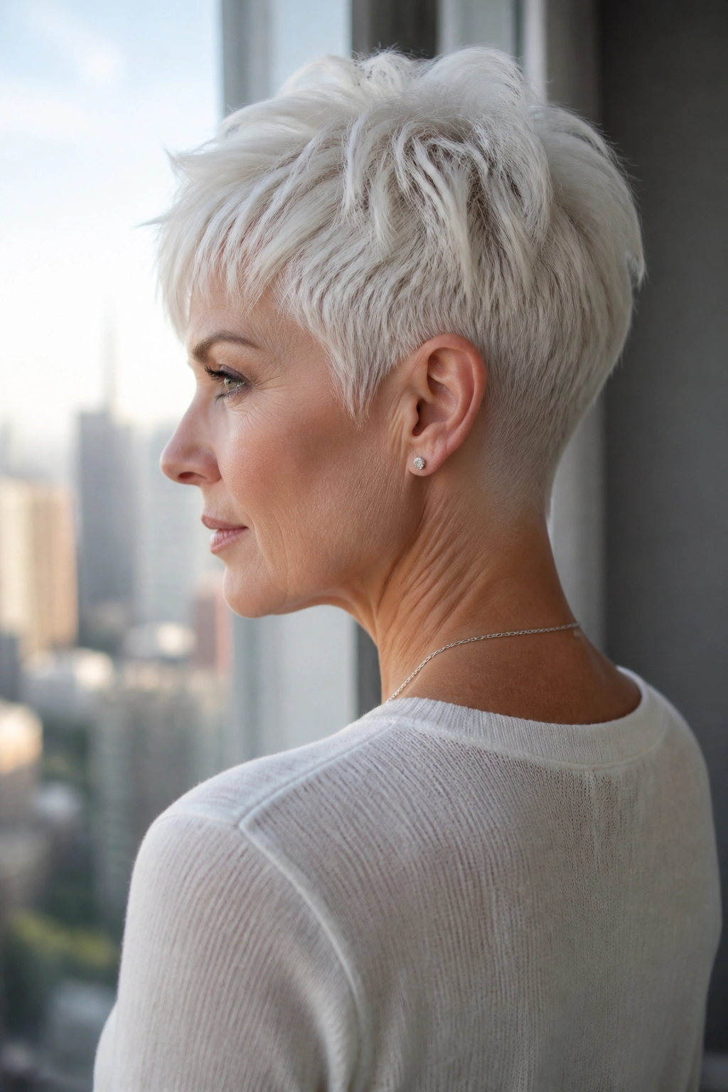 Close-up portrait of a real person with a white sculpted crop and nape taper in window light