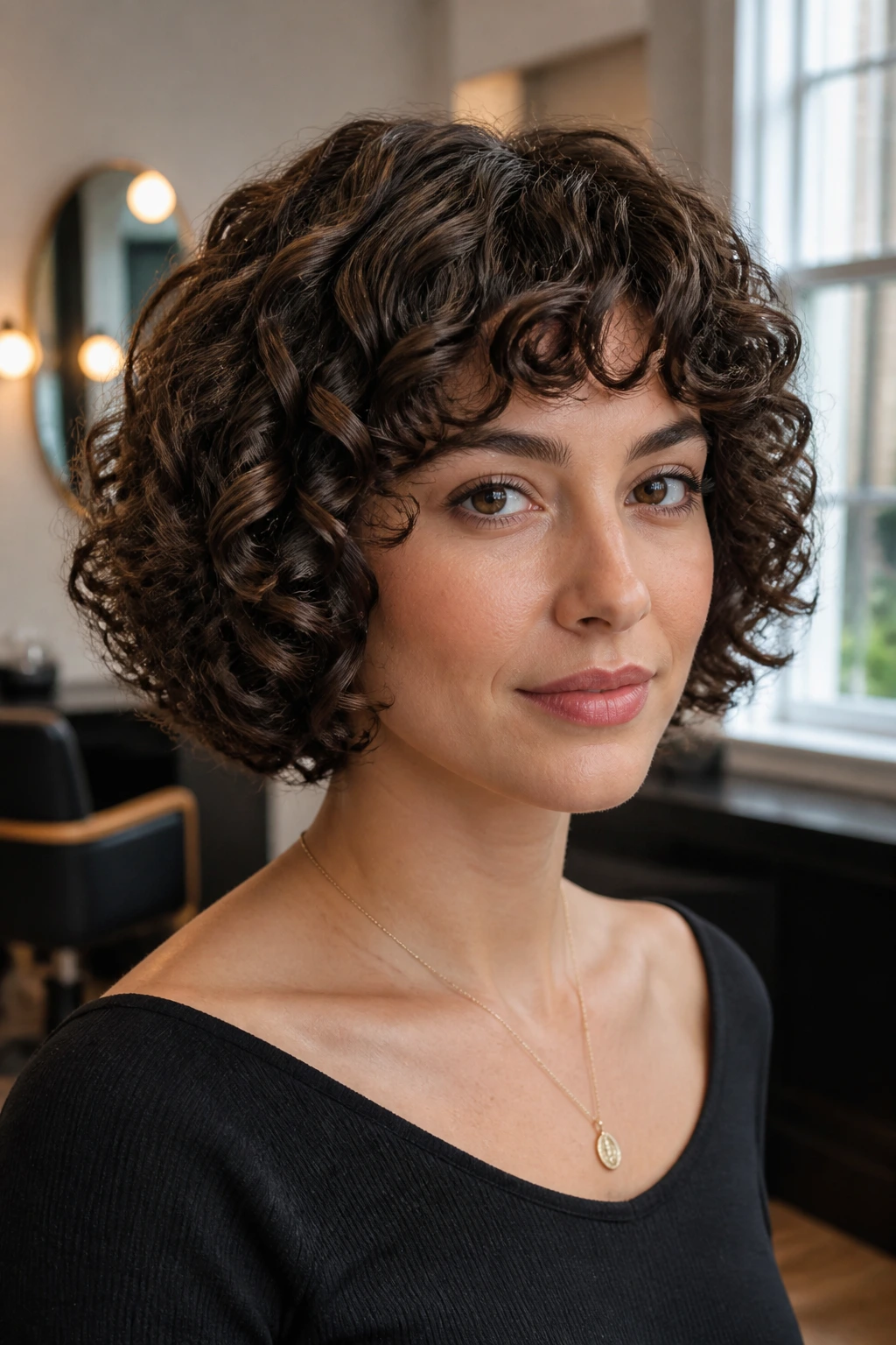 Close-up portrait of a real woman with a chin-length sculpted curly bob in warm salon light.